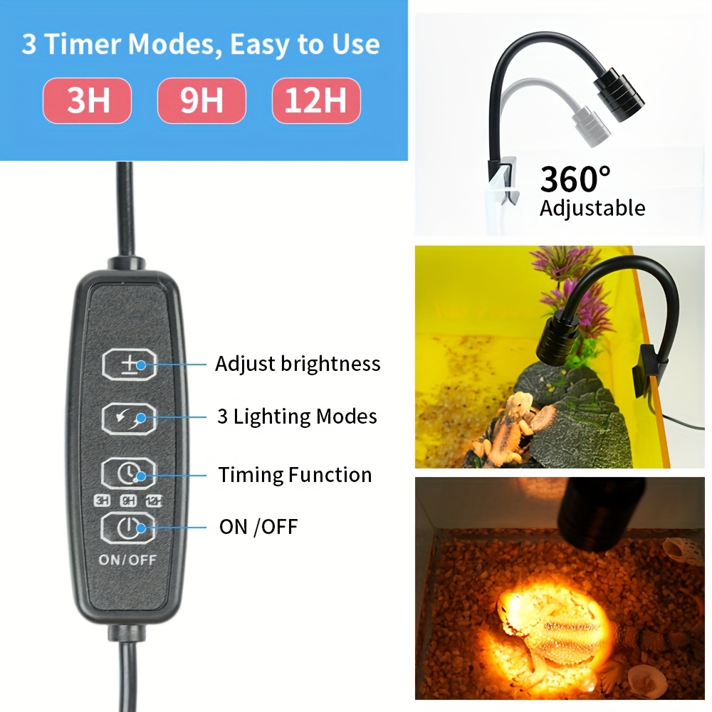 Aquarium USB Light, Reptile Tank Additions, 360° Adjustable, Three-Color Mode Clip-On Fish Tank Light, with Both Spotlight And Amphibian Lighting Functions, No Heating Effect, Without Battery