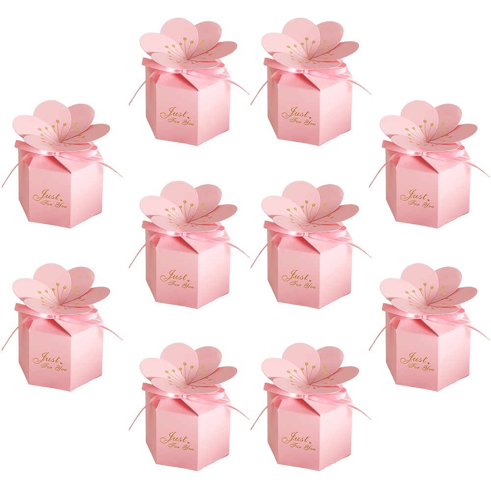 TEMU Regalo /Lui 10 pezzi di simpatiche scatole regalo esagonali 3D a forma di fiori di ciliegio con nastro di raso, scatole regalo con lamina d'oro