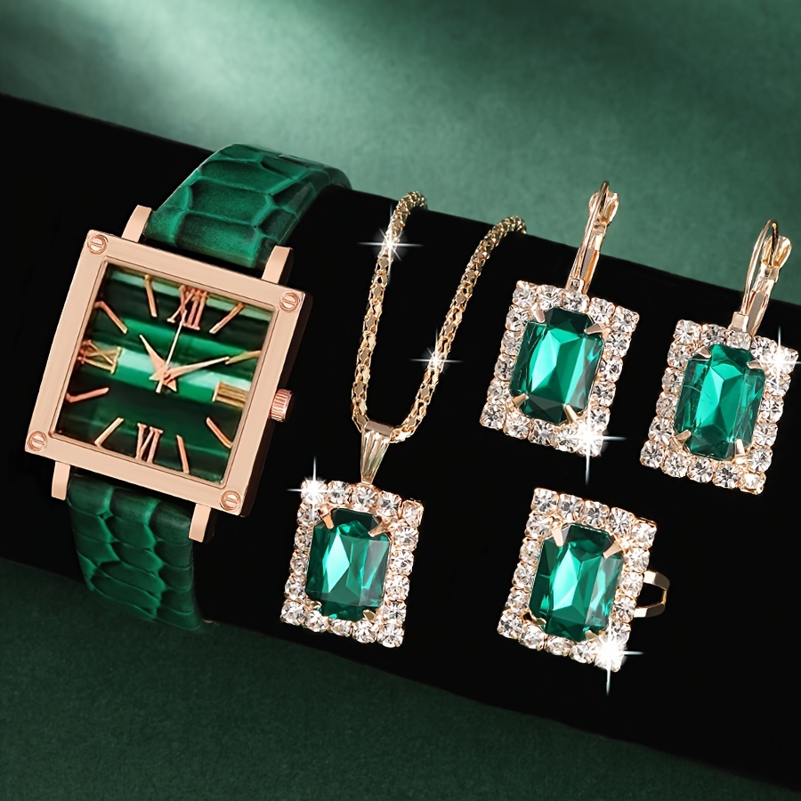 

5pcs/set Women's Watch Vintage Square Pointer Quartz Watch Analog Green Wrist Watch & Rhinestone Jewelry Set, Gift For Mom Her