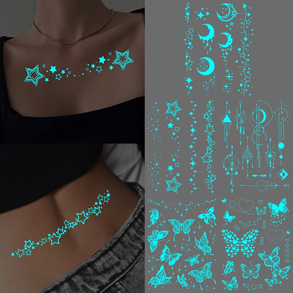 

Blue Luminous Glow Waterproof Temporary Tattoo Stickers Simple Line Star Butterfly Love Geometric Flash Tattoos For Women Men Neck Wrist Face Arm Body Art Fake Tattoos For Eid