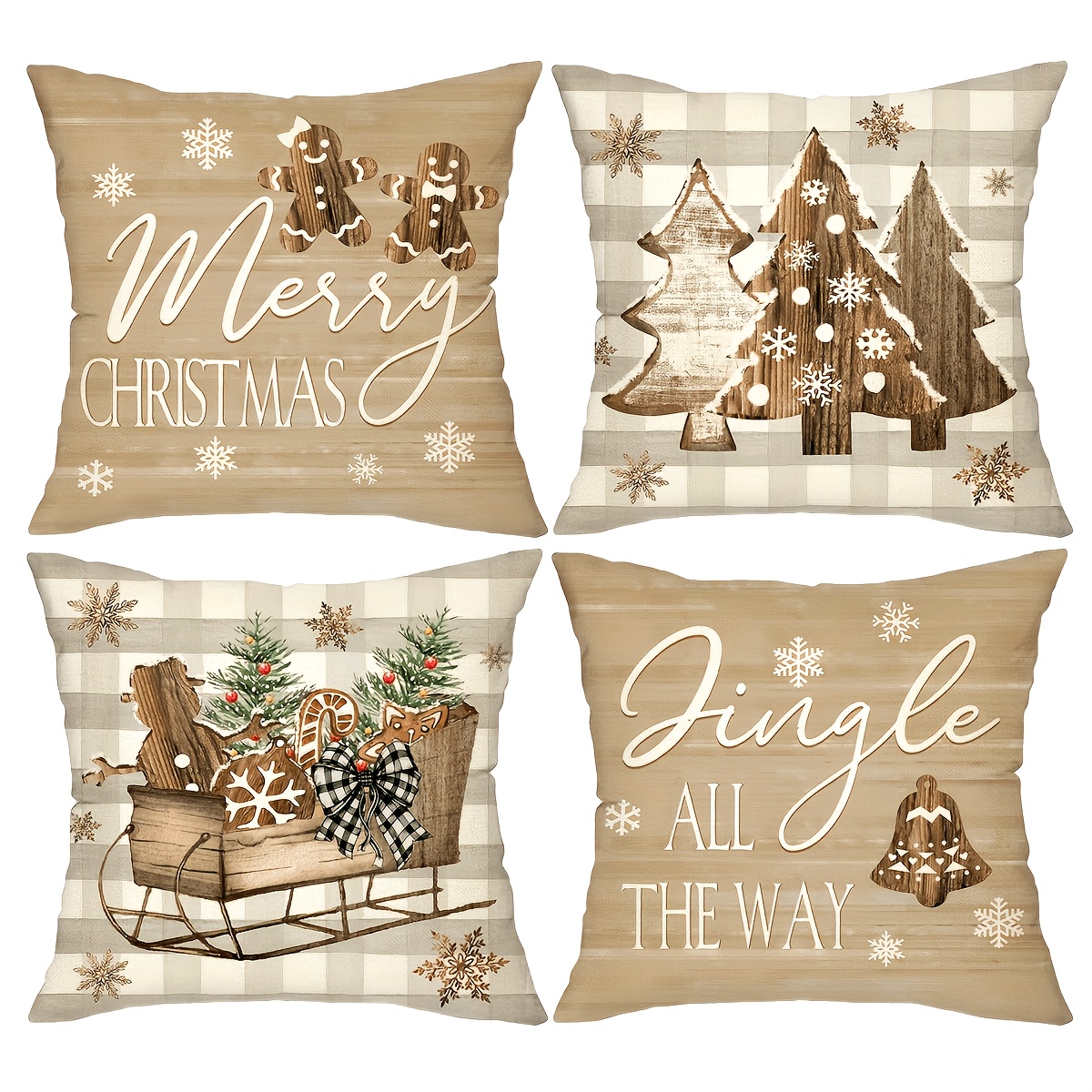 TEMU 4pcs Christmas Pillow Covers, Multiple Sizes , Wooden Christmas Tree Sleigh Print Merry Christmas Holiday Decoration Cushion Cover, Merry