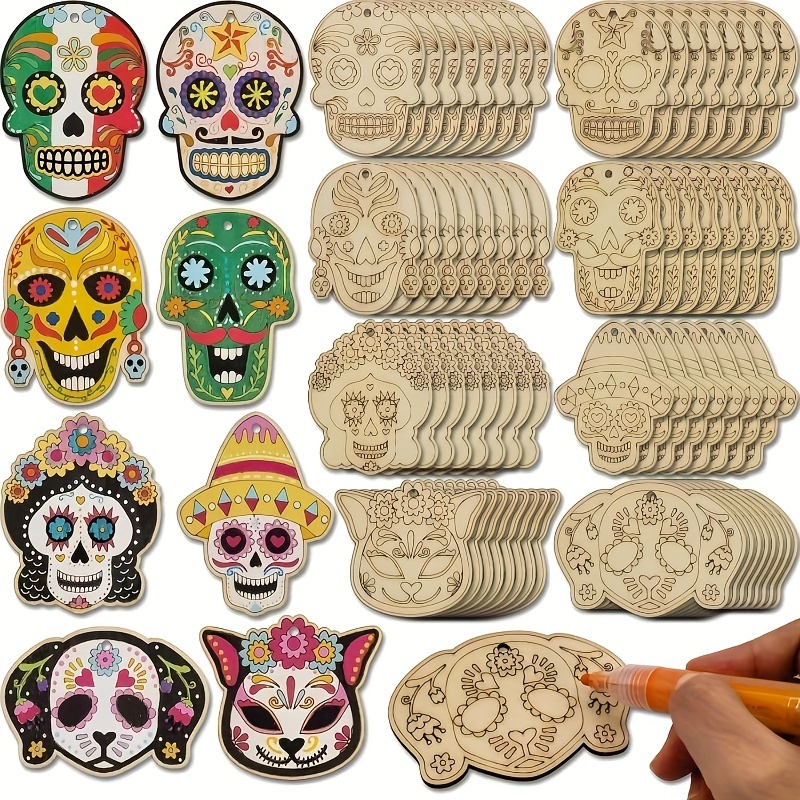 

[ ] Day Of The Diy Wooden Kit - 24/48pcs Unfinished Hemp For Hanging, For Halloween & Mexican Decorations