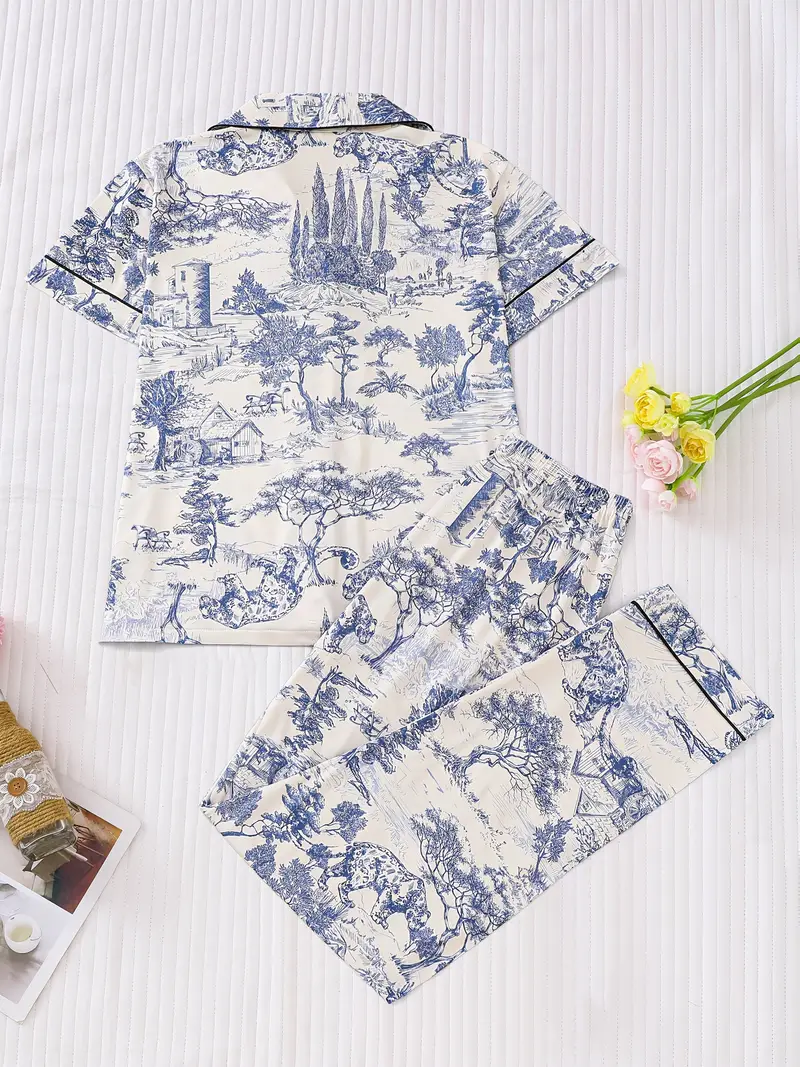 elegant womens sleepwear set pieces featuring full body printed patterns knitted fabric long sleeved button up top with long pants for comfortable wearing collar and pocket details suitable for womens adult sleepwear set Product details 1