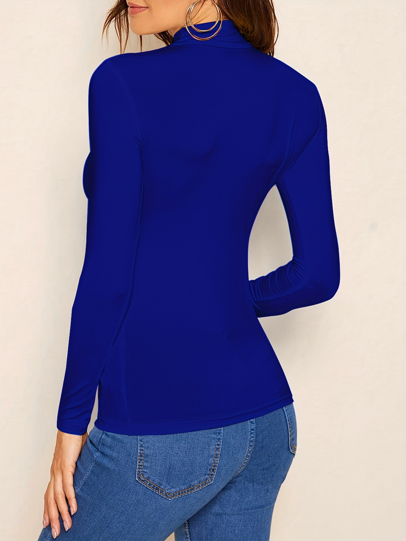 Solid Color Mock Neck T-Shirt, Versatile Long Sleeve T-Shirt For Spring & Fall, Women's Clothing