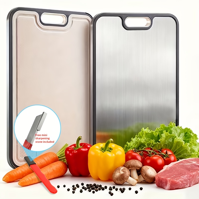 TEMU This Cutting Board From Food-safe Stainless Sides, From 304 Stainless Steel And Wheat Straw Pp. Easy To Clean And Measures A 16 By 11 Inches