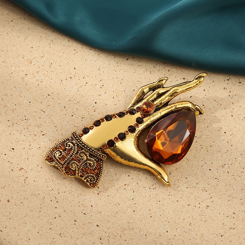 TEMU Ornate Vintage Golden-tone Hand Brooch With Large Amber Stone & Rhinestone Accents - Elegant Statement Jewelry For Party Evening Outfits