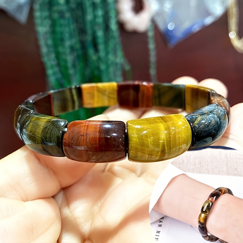 

1pc Natural Tiger Bracelet Gemstone Rock Bamboo Bead Stretch Beaded Bracelet For Men Women