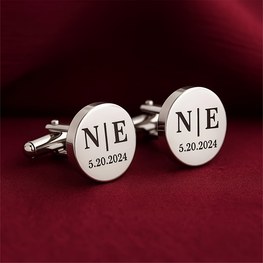 TEMU Custom Couple Initials Wedding Cufflinks - Personalized Stainless Steel Geometric Round Cufflinks With Black Printed Date, Elegant Groom &
