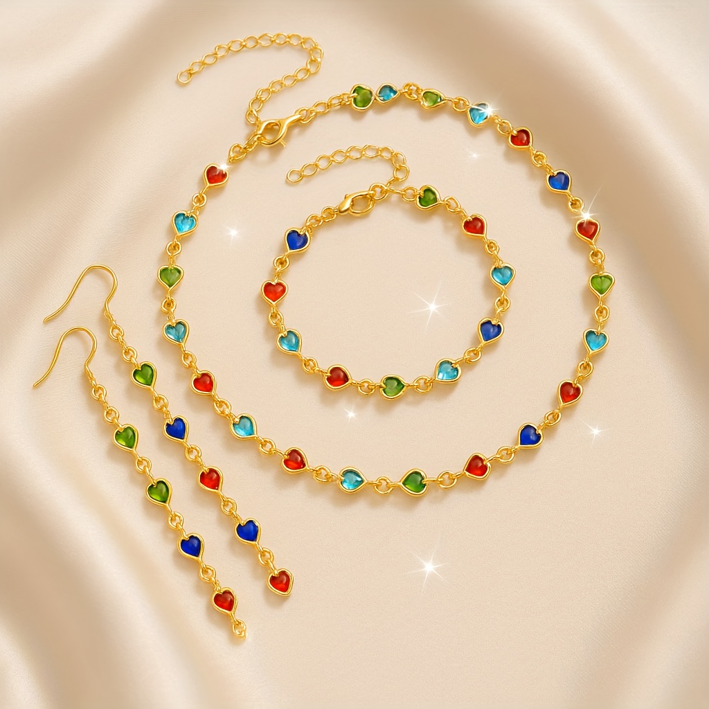 TEMU 1 Fashionable Colorful Heart Synthetic Zirconia 3pcs Set - Necklace, Bracelet & Earrings, Perfect For Birthdays, Holidays, And Everyday Wear.
