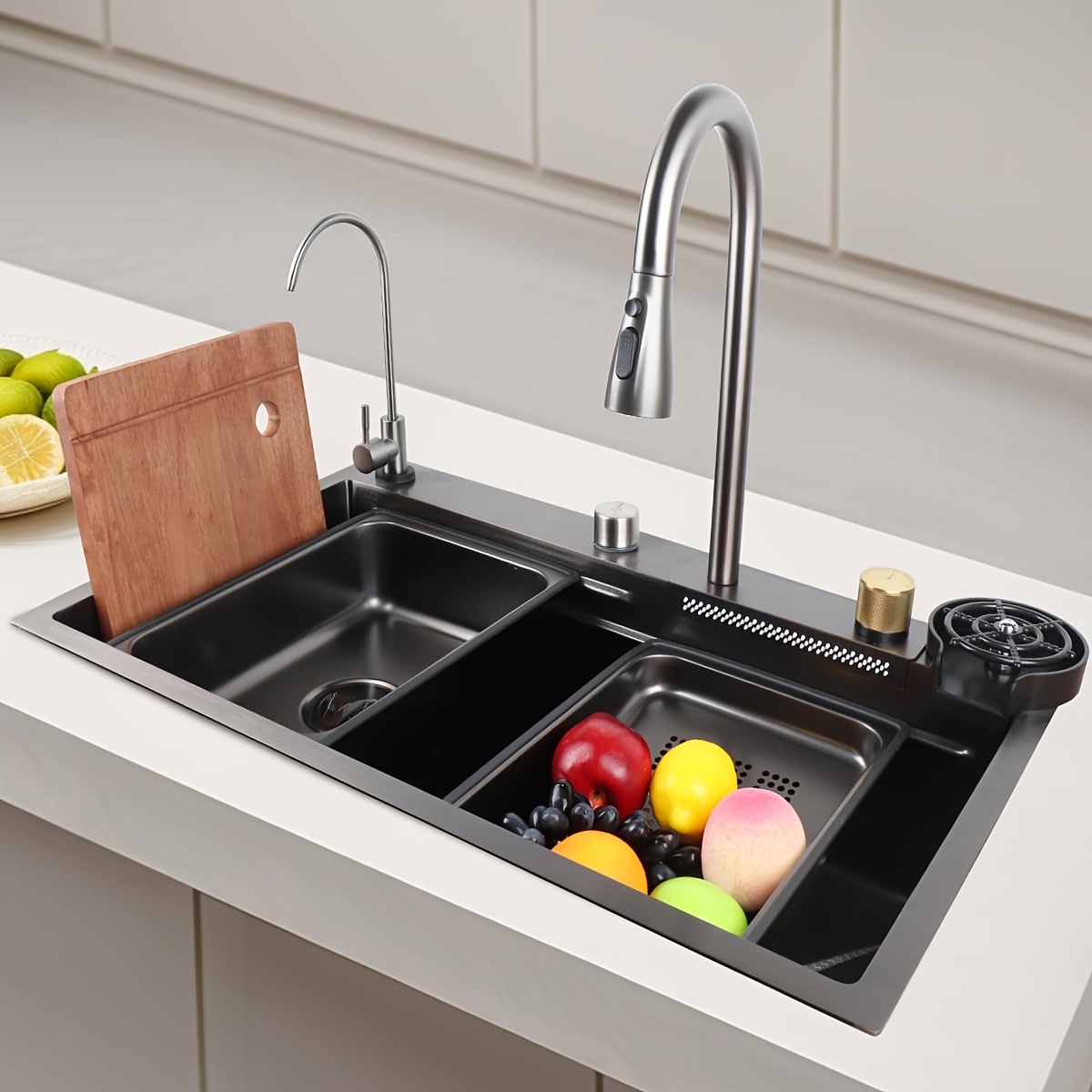 Image of Black Single Bowl Kitchen Sink, Stainless Steel Waterfall Sink, Bar Sink With Cup Washer Sinks, /undermount Farmhouse Workstation Sink With Multiple Additions