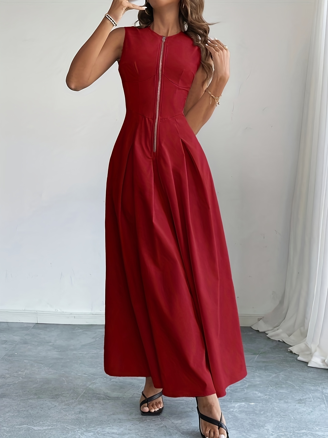 Women's Elegant A-Line Dress with Front Zipper - Solid Color Round Neck  Long Sleeve Floor-Length Machine Washable Spring/Summer Dress for Casual &  For