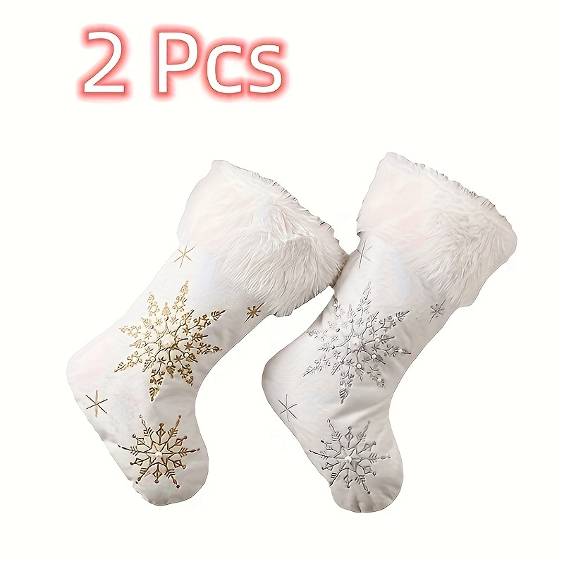 

White Christmas Stockings 2 Pack, Family Stockings Christmas 19" Large Christmas Stockings With Plush Fur Cuff (silver/gold Snowflake Embroidery) Stockings Hanging Stockings