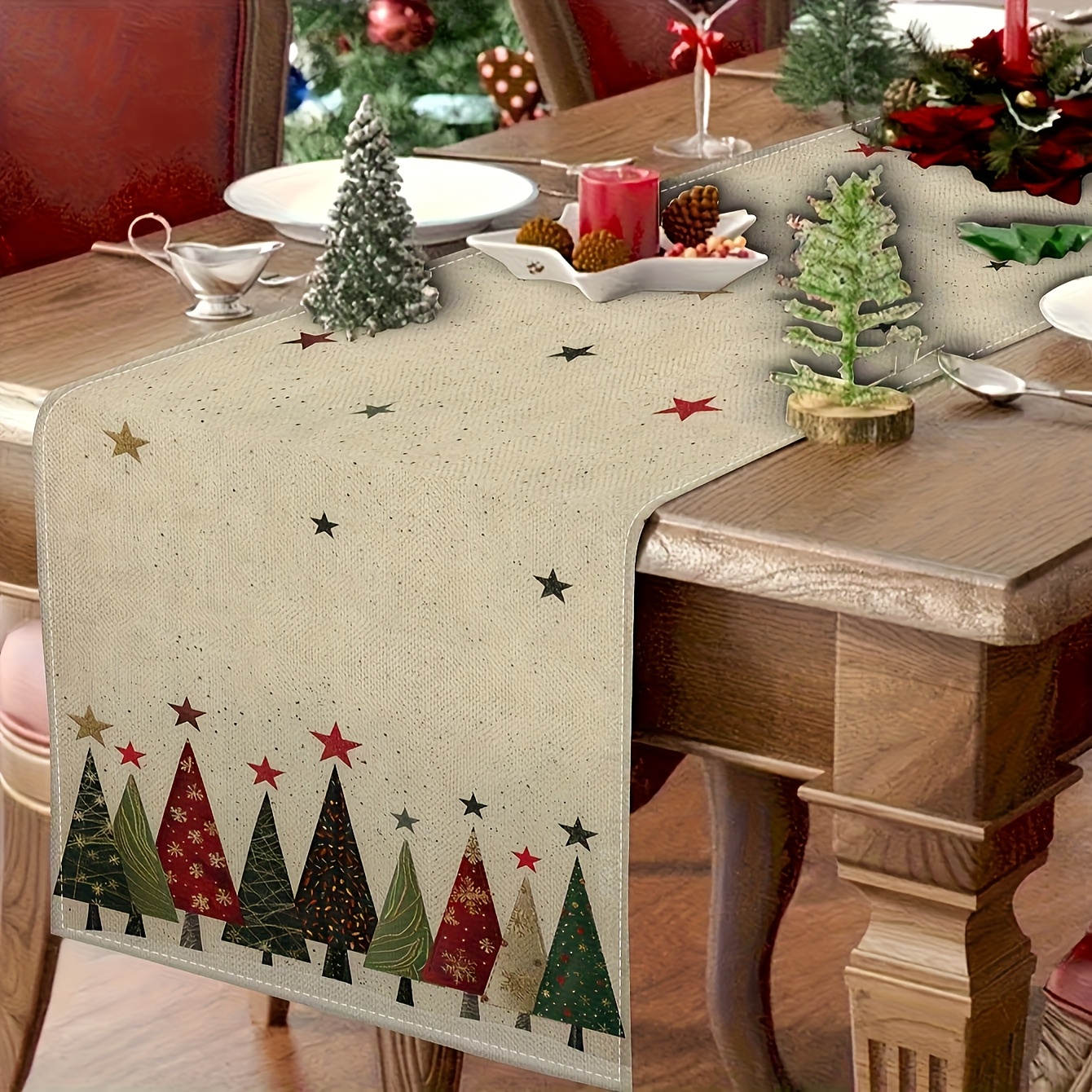 TEMU 1pc Table Runner, Christmas Tree Table Runner - Vintage Polyester Holiday Decoration With Golden Stars, Festive Indoor And Outdoor Party
