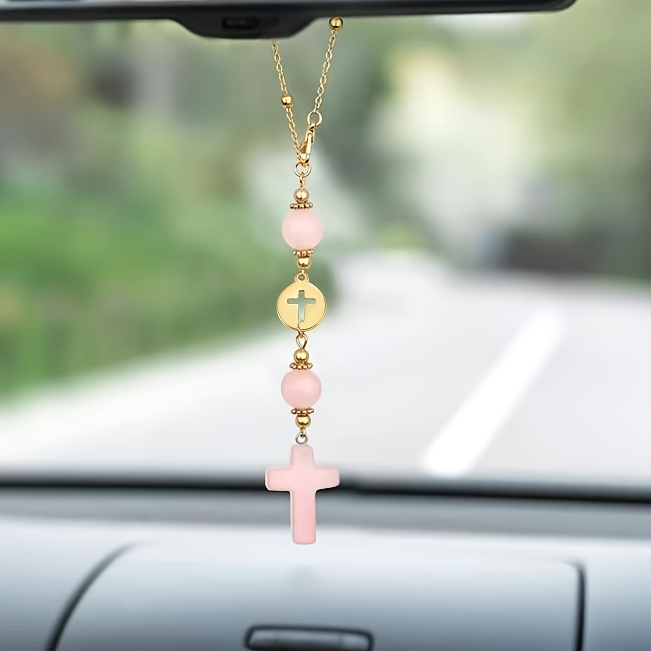 Cross Crystal Hanging Car Charm | Cute Stones Car Decor For Rear View Mirror, Boho Handmade Sun Catcher Ornament Accessories, Tiger Eye For Women