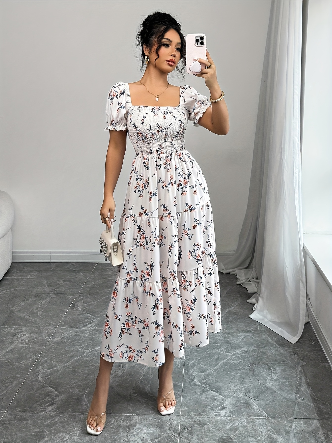 new womens elegant square neck short sleeve dress a - Temu