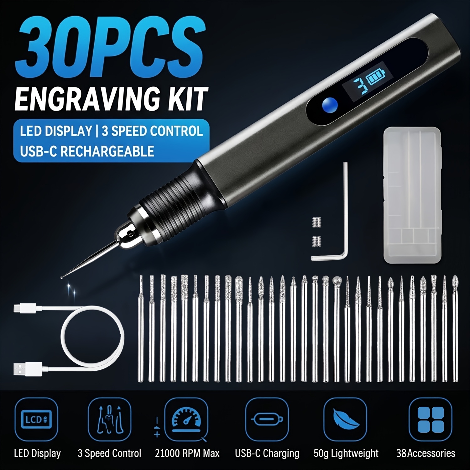 TEMU Electric Engraving Pen For Metal, Usb Rechargeable Engraver Tool With 30 Bits, Professional Mini Engraving Machine Portable , Ideal Mother's Day