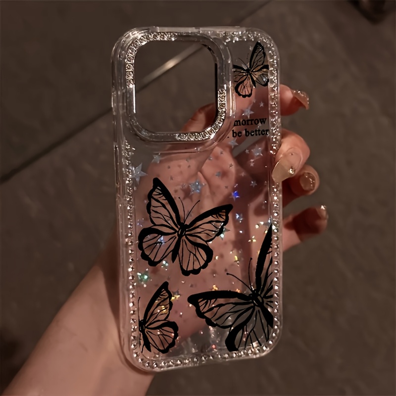 TEMU Phone Case: New Luxury Shiny Rhinestone Fashion Phone Case, Transparent -shaped Black Drop-proof Protective Cover, Suitable For Iphone 16 Pro