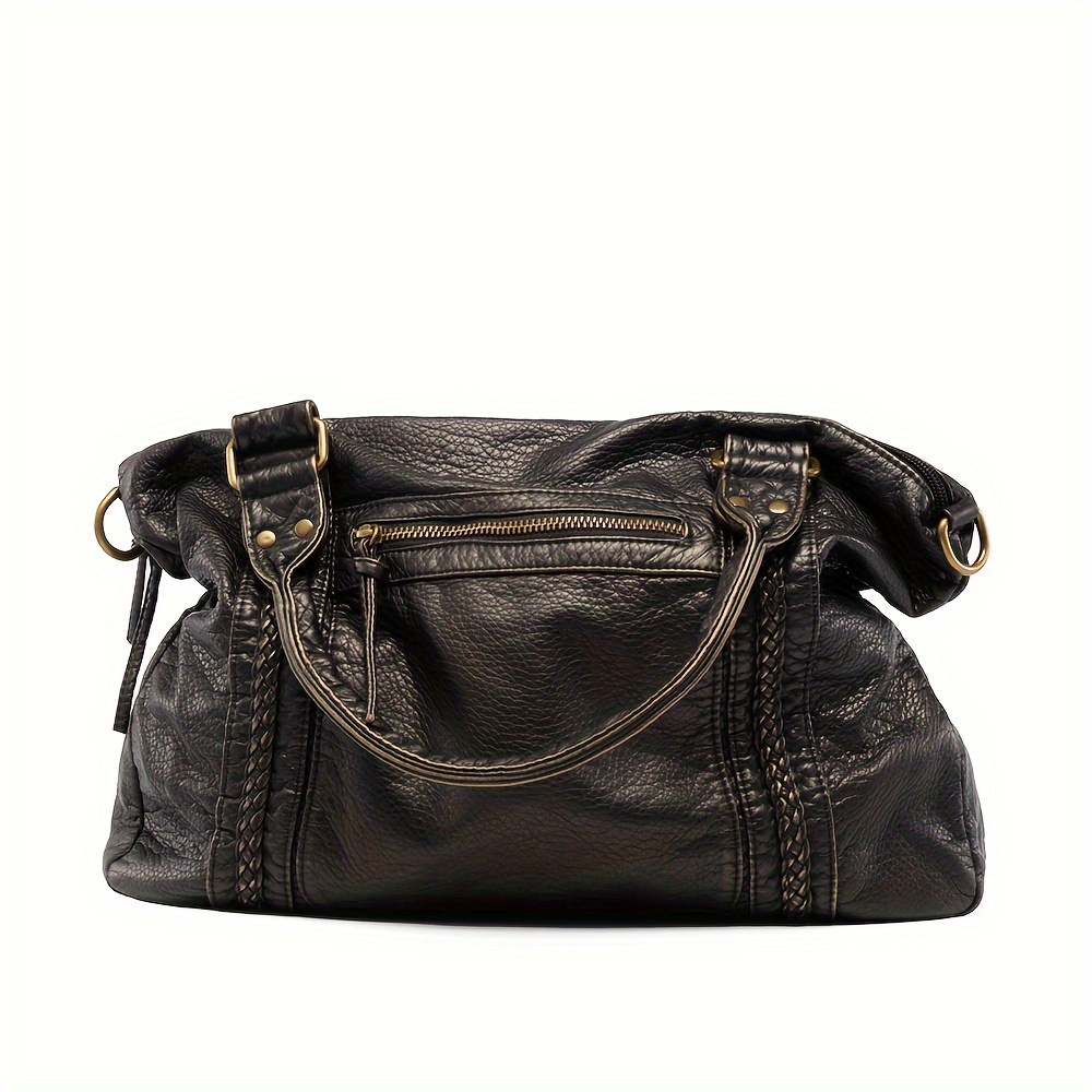 

Vintage Women's Tote Bag - Large Capacity, Soft Leather Crossbody Handbag With Adjustable Strap, Zipper Closure, And Stitching Detail In Black