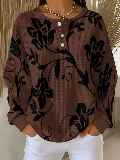 item picture fashion casual comfortable womens long sleeve waffle henley shirt black floral vine retro premium