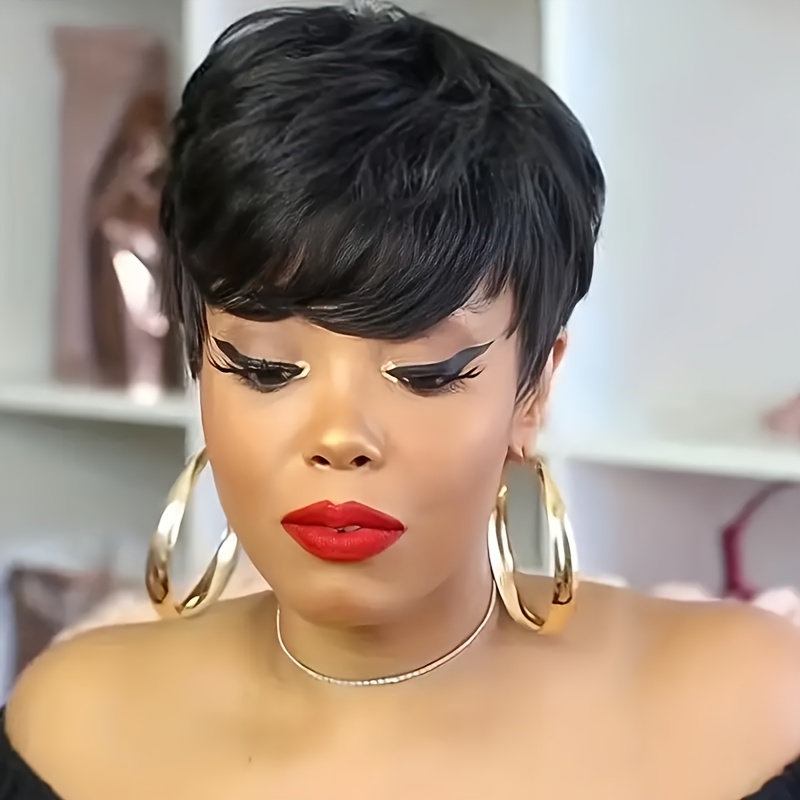 Heat Resistant Short Pixie Cut Human Hair Wig Women Black - Temu