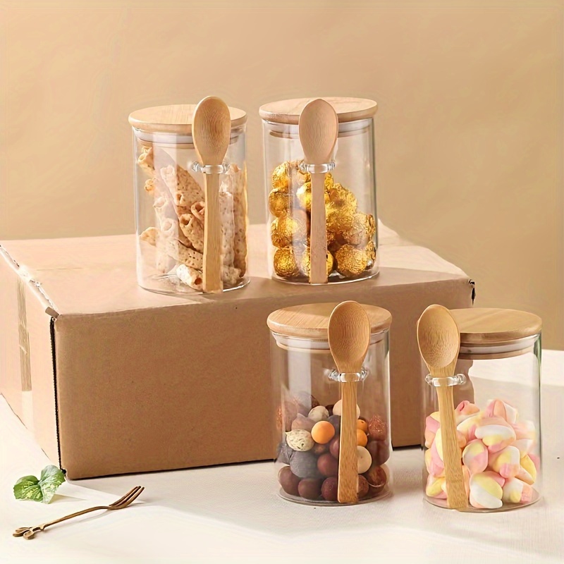Paquete de 4 tarros de vidrio con tapas herméticas de bambú, recipientes de  cocina de vidrio transparente para almacenamiento de alimentos de
