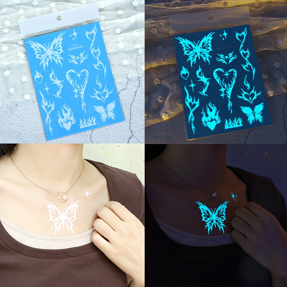 of glowing   stickers for women featuring designs of feathers snakes and butterflies in white     tattoos     to   chest   hands and fingers making them   weddings nightclubs Product details 2