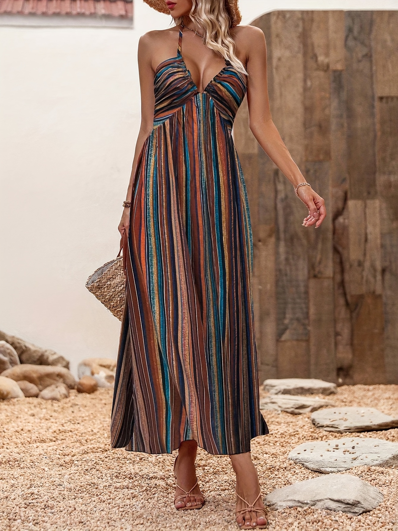boho chic womens maxi beach dress elegant striped v neck Temu