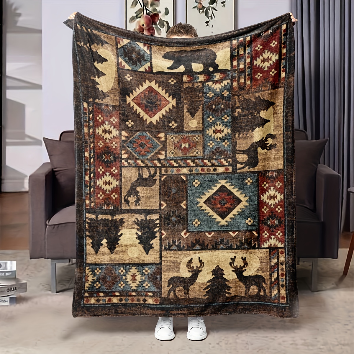 

1pc Rustic-inspired Decor Blanket With Animal & Geometric Print - Cozy, Soft, Tear-resistant,, - Machine Washable, Throw In Vibrant Colors For Home Decor