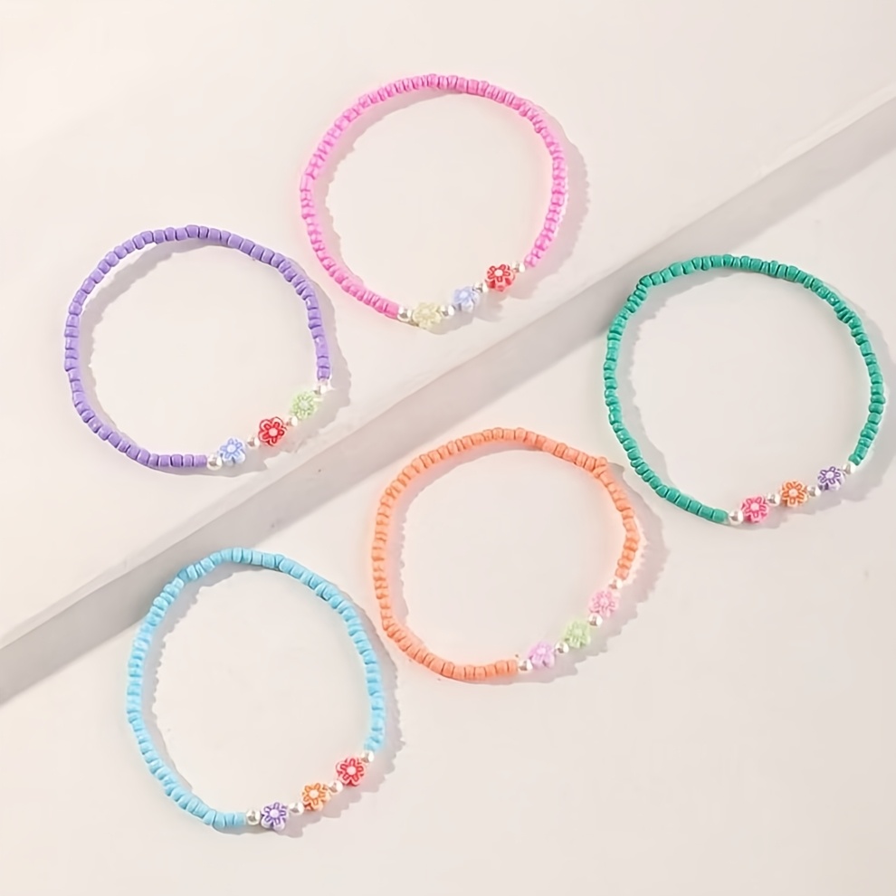 5pcs/set Elegant Cute High-quality Colorful Small Flower Bead Chain Anklet, Fashion Beach Style Anklet Set, Summer