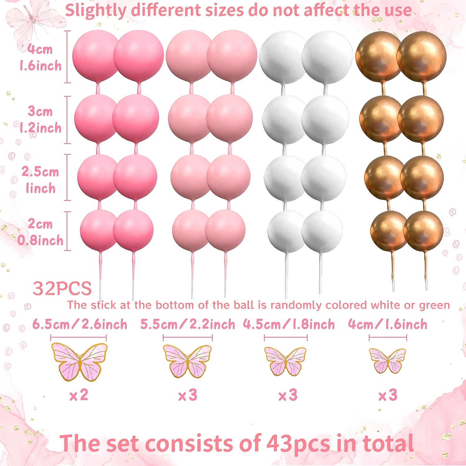 Image of Laventy 43pcs/47pcs Cake Decorations With Balls Cake Toppers For Gender Reveal Wedding Birthday Bridal Shower Party Decor(the Color Of The Stick At Of The Ball Is Random)
