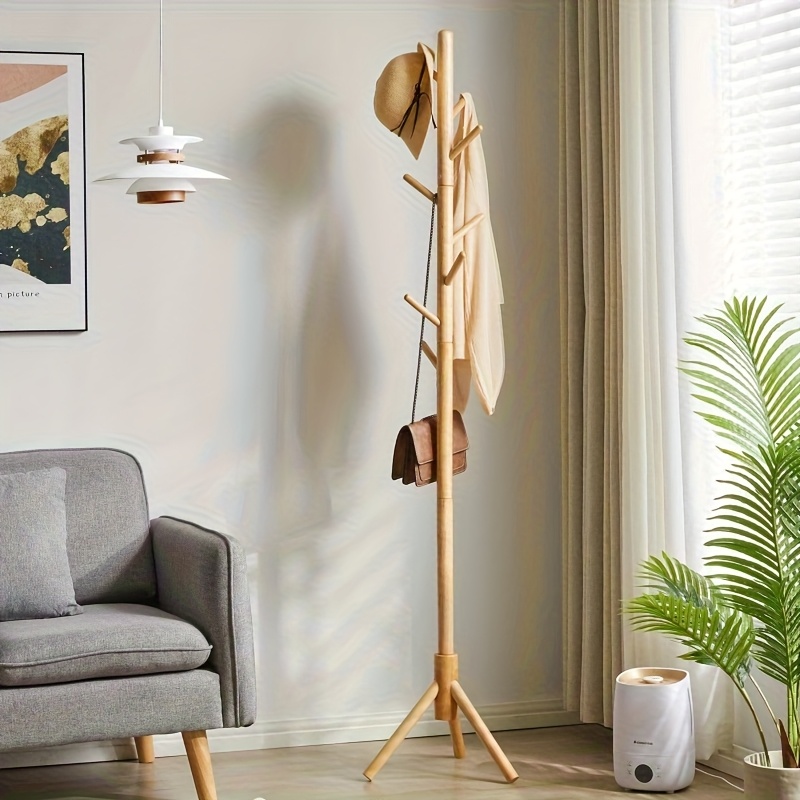 1pc hanger 8 hooks 3 adjustable   simple vertical solid wood coat rack suitable for clothes hats scarves bags jackets bedroom living room natural wood