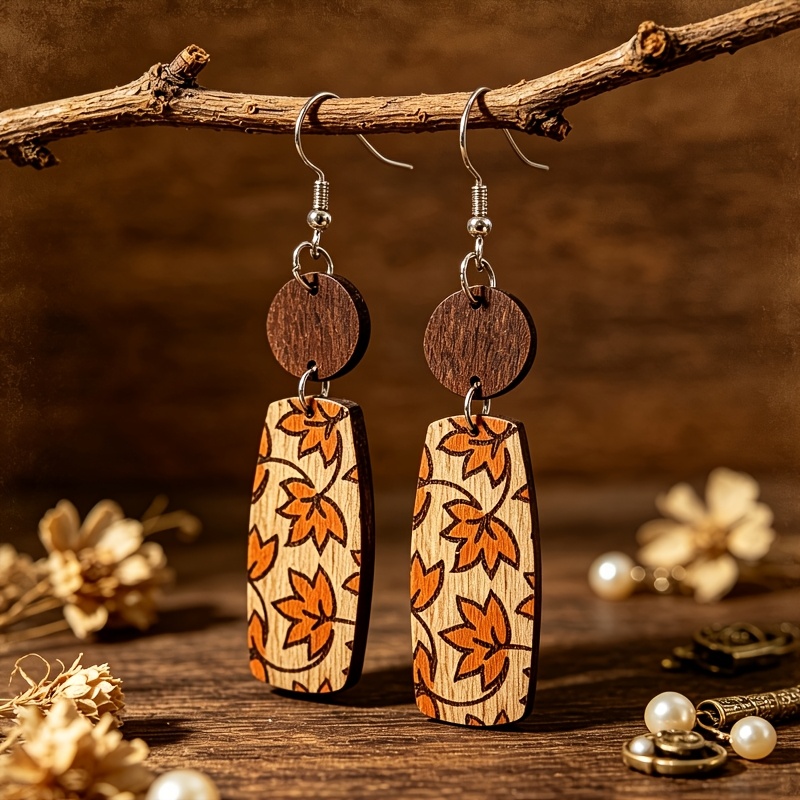 TEMU 1 Pair Retro Wooden Printed Maple Leaf Pendant Rectangular Earrings