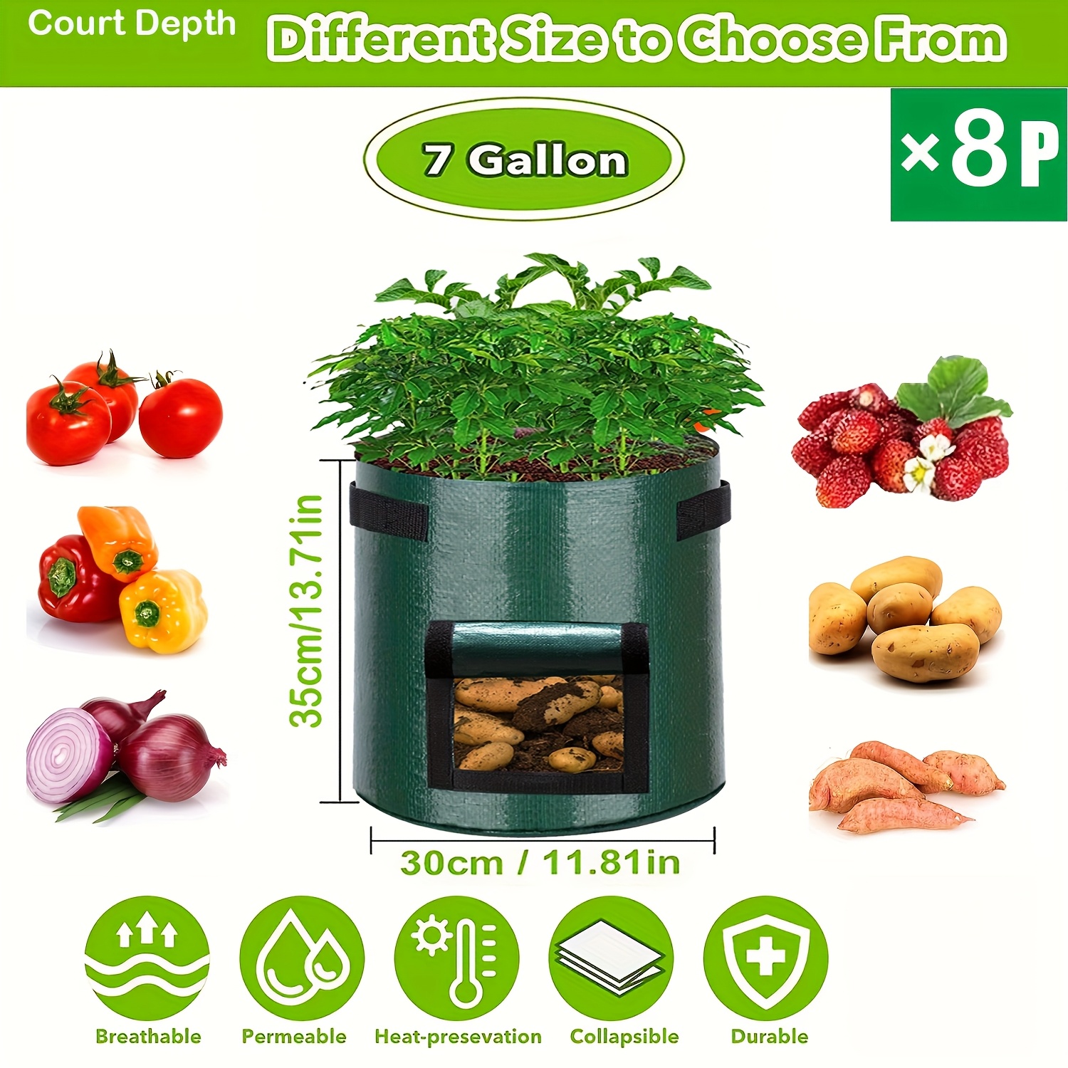 8-pack 1/3/5/7/10 Gallon & Jumbo 7/10 Gallon Potato Grow Bags With Access Flap And Durable Handles, Heavy-duty Pe Plant Pots For Vegetables, Fruits, And Flowers, Indoor/outdoor Plant Containers
