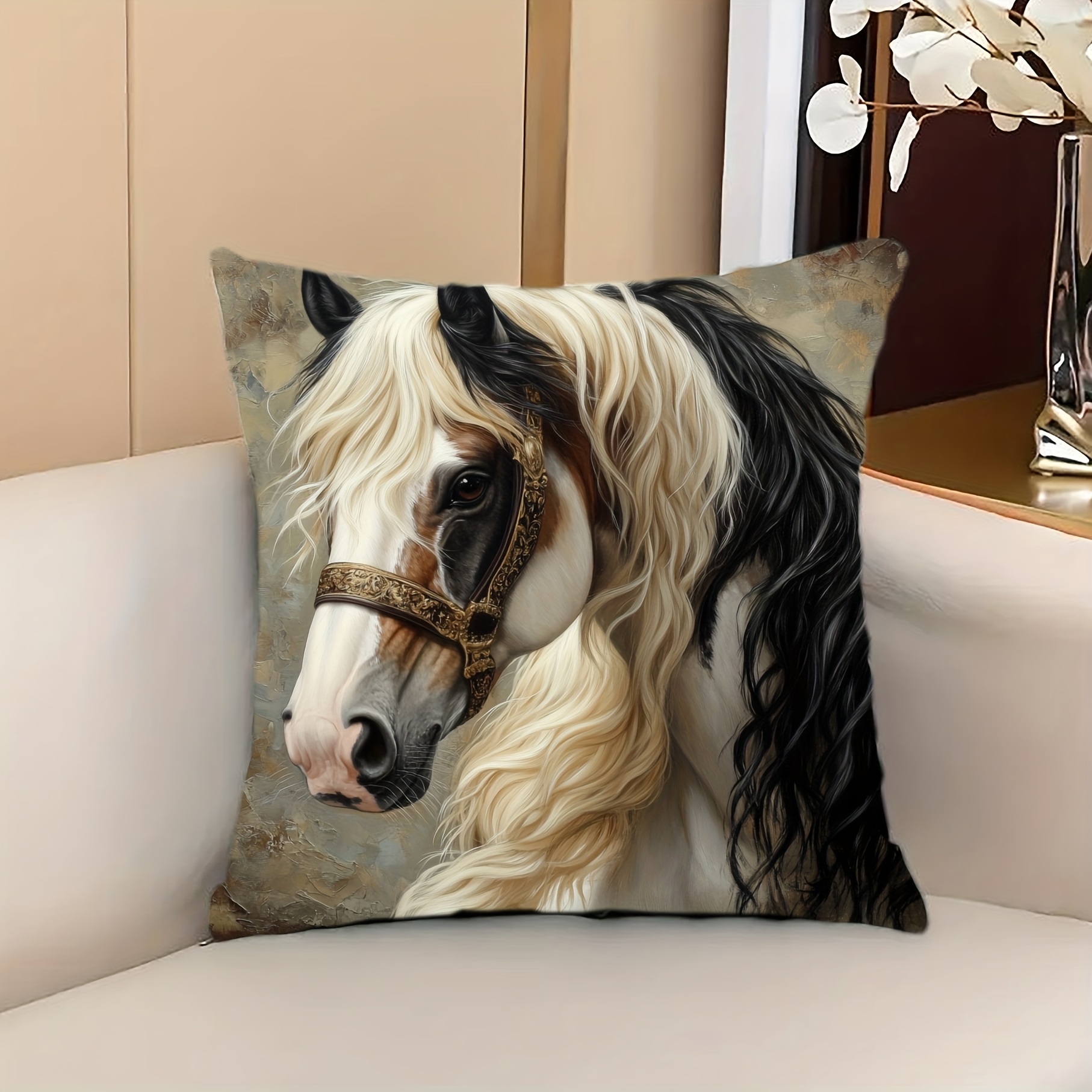 

Golden Horse Throw Pillow Cover 18x18 Inch - Soft Polyester, Zip Closure, Machine Washable For Living Room & Bedroom Decor