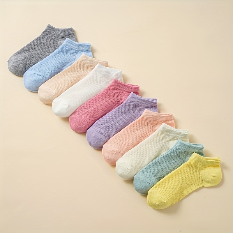

10 Pairs Of Toddler's Solid Mesh Low-cut Ankle Socks, Soft Comfy Cotton Blend Children's Socks For Boys Girls Daily Wearing, Spring And Summer