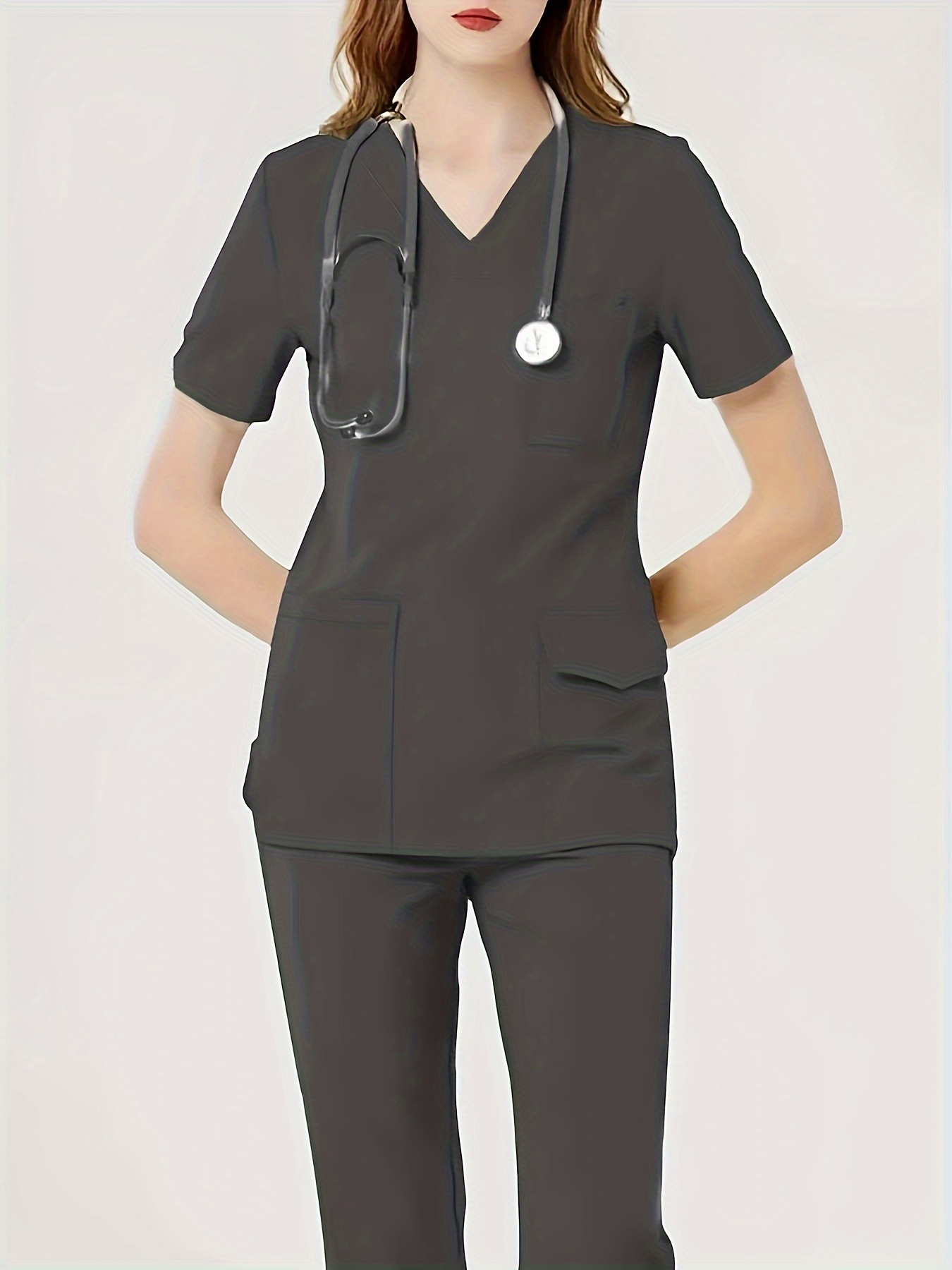 Doktor, Hemşire, Doktor, Diş Hekimi için Nefes Alabilir ve Rahat Sağlık Bakımı Üniforma, Kadın İş Giyimleri, V-Yaka 2 Cebi Bulunan Modern 2 Parça Tek Renkli Tıbbi Üniforma Takımı + Esnek Bel Tıbbi Alt Giysiler