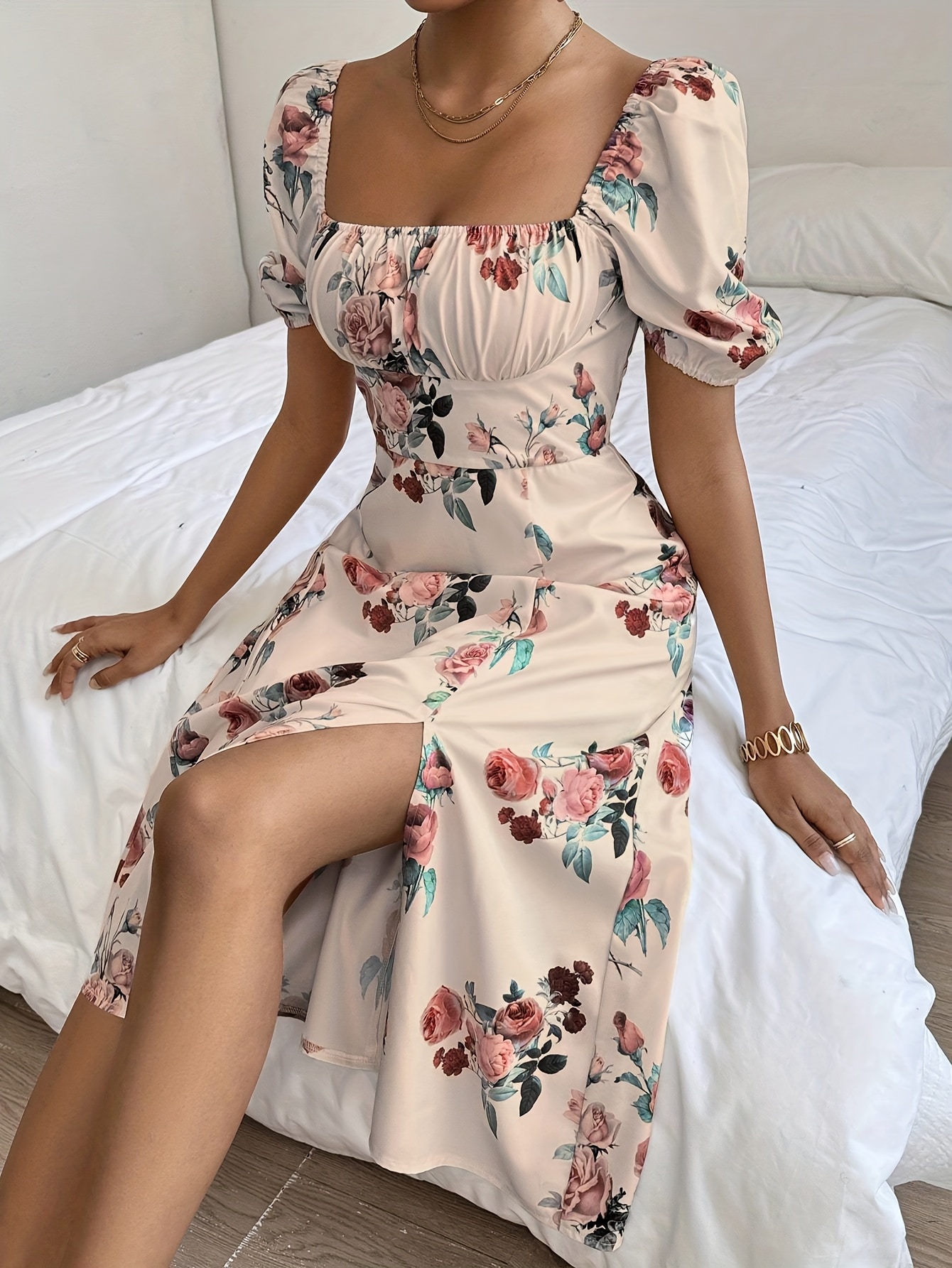 womens puff sleeve square neck umbrella hem print dress - Temu