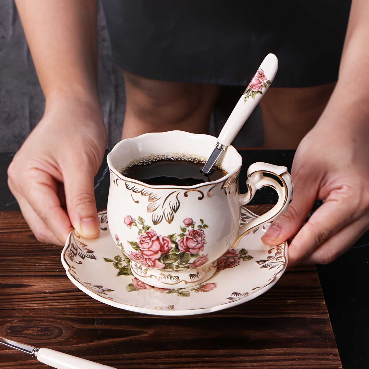 

Set, Exquisite Golden-plated Ceramic Coffee Cup And Saucer Set In European Style, Perfect For Tea, Water, Or Afternoon Tea