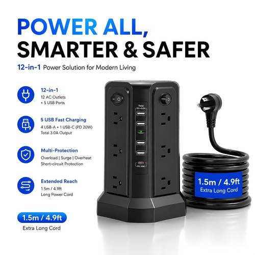 Level 4 Upgraded New Product Flat Plug 16 AC Outlets Power Strip Tower with USB/USB C Port, Surge Protector Power Tower with 5 USB Charging Ports, Extension Cord Desktop Power Strip