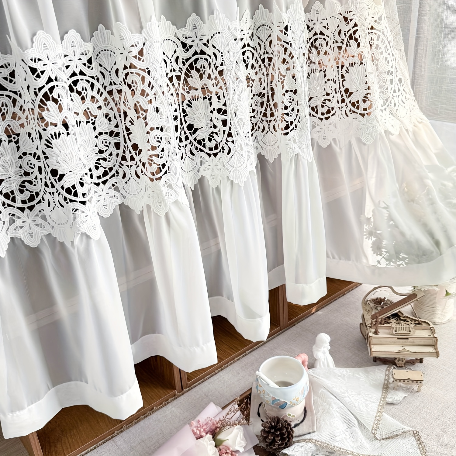 E-shop Shabby Chic Weißer, durchsichtiger Vorhang für die Küche, kurzer Vorhang, mit Splicing, hohler Spitze, lichtfilternd, Fensterbespannung,