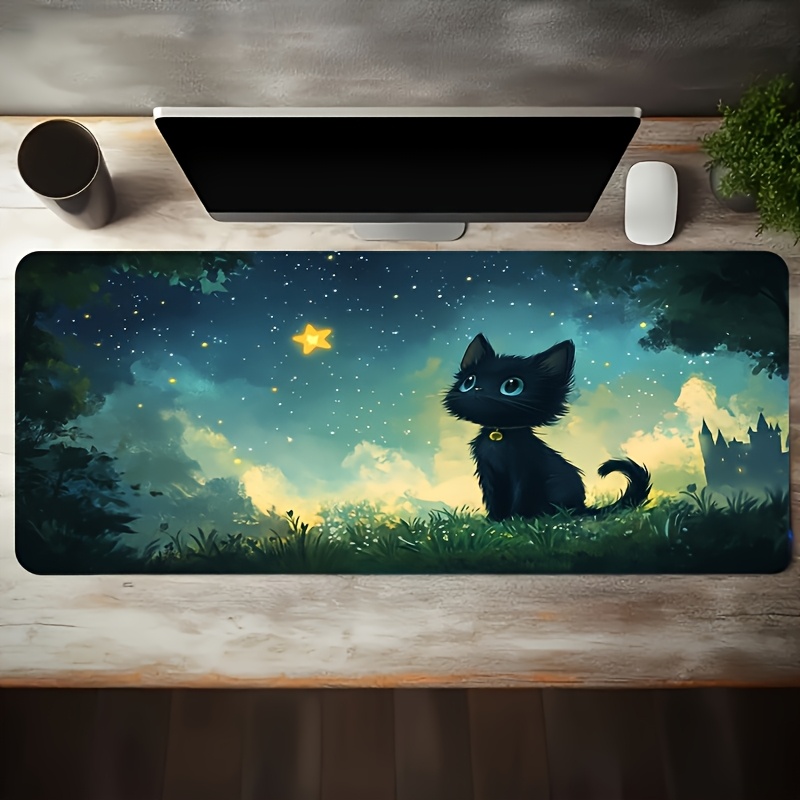 1pc large   gaming mouse pad black cat   at     pattern non slip washable rubber base big size desk mat office desk additions Product details 1