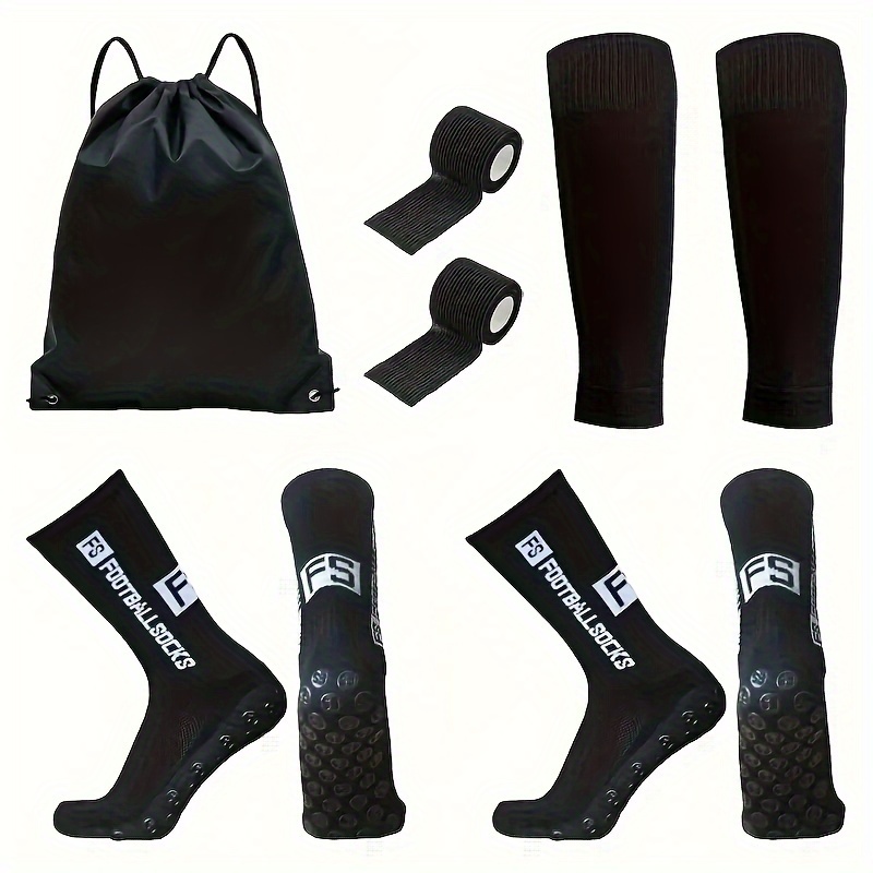Image of Set Of Soccer Socks, Men's Football Socks, Men's Calf Socks, Athletic , Drawstring Backpack Combination Training Gear, Sports Ball Bag, Tape, And Calf Sleeves