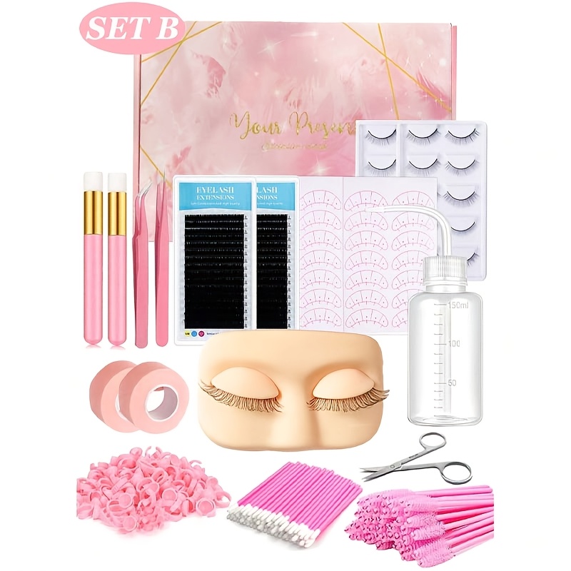 TEMU Kit de professionnel pour extensions de cils avec tête d'entraînement et bandes de cils recourbés 0.07D, convient aux débutants, tête de