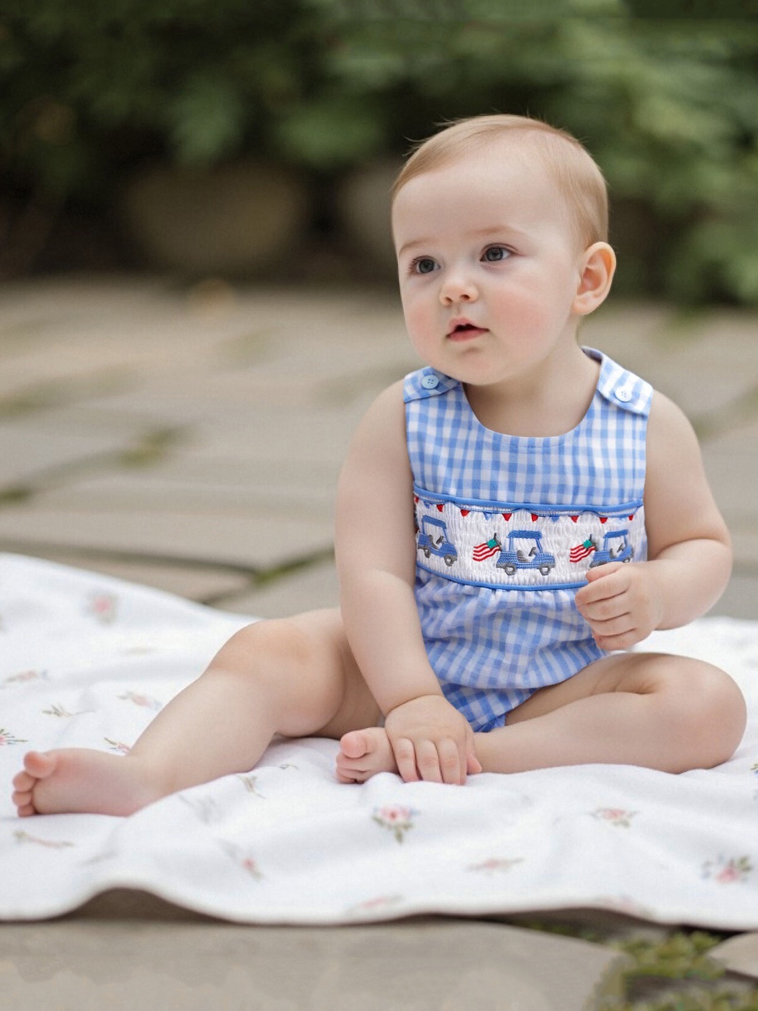 Baby Boy Romper American Flag Embroidered Sleeveless Overalls Jumpsuit,  Blue White Plaid with Red Stripes, Loose Fit Summer Outfit, Ma