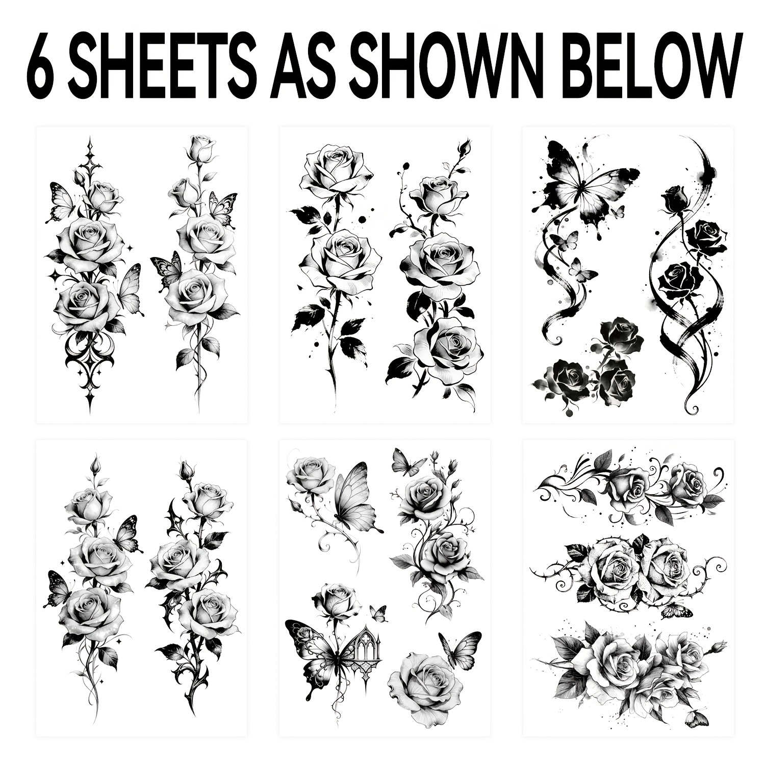 Image of 6 Sheets Semi-permanent Tattoos, Large Temporary Tattoo Sticker Fake Tattoos For Women Models,waterproof Long Lasting Body Art Makeup Sexy Realistic Arm Tattoos -rose, Flowers