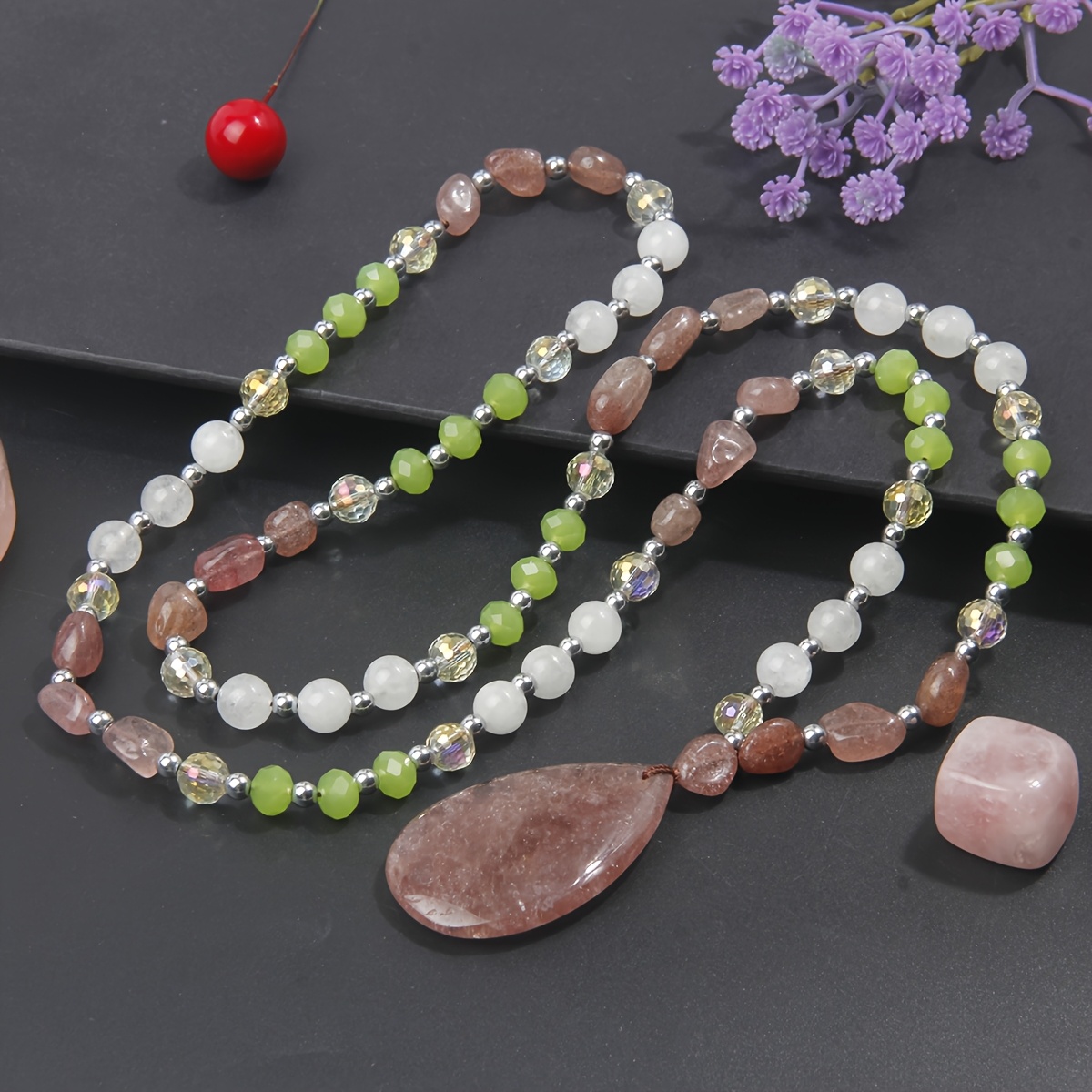 Fashionable Natural Stone Bead Necklace, Multi-Layer Stackable