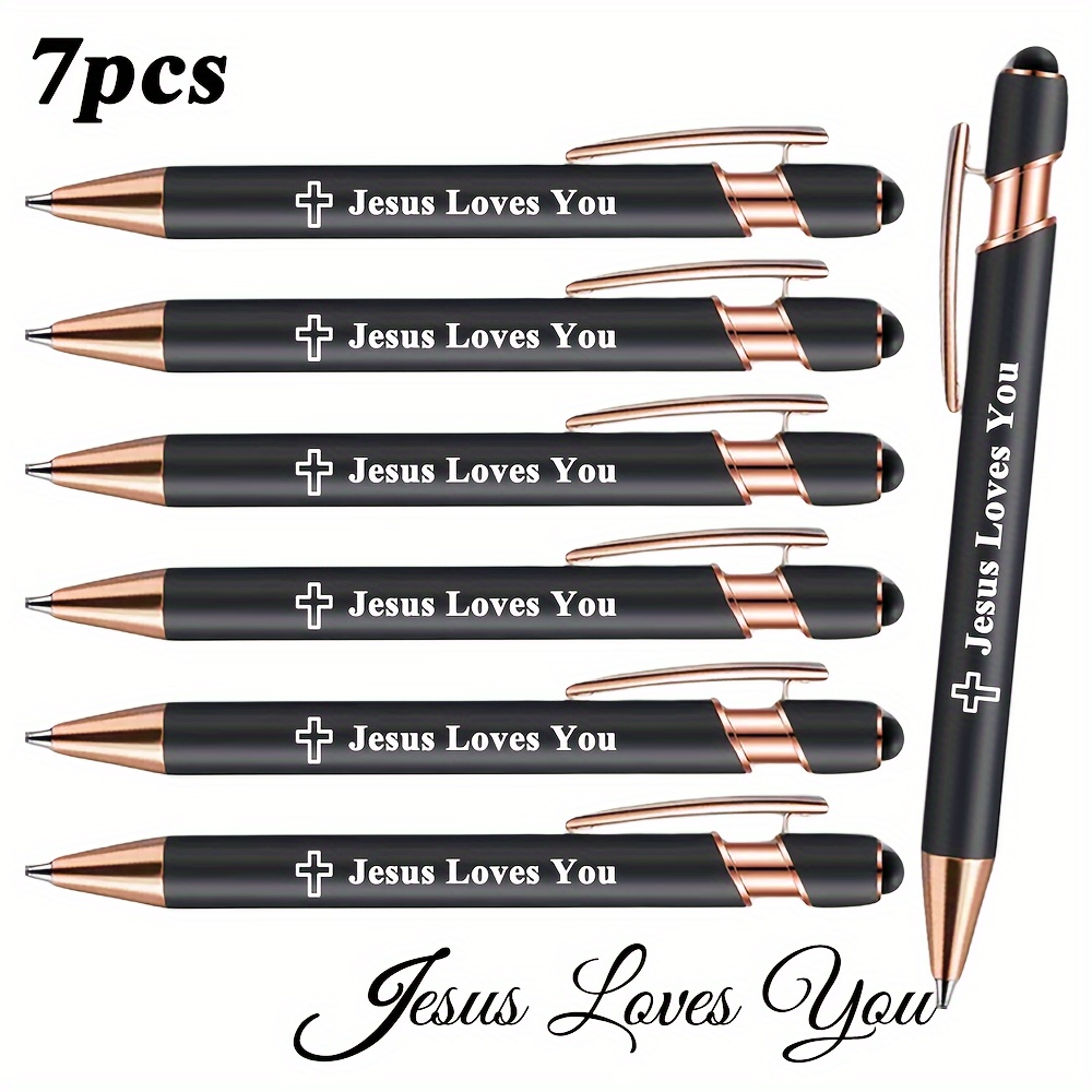 7pcs Ballpoint Pen With Text"jesus You"and Cross Icon. Smooth Writing & Touchscreen Compatibility. Black Ink. Easter Gifts.
