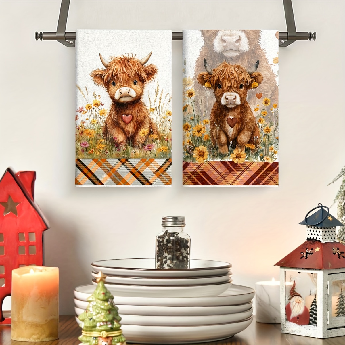 

2pcs Microfiber Kitchen Towels - Cute Highland Cow & , Cooking, Baking & Cleaning, Machine Washable