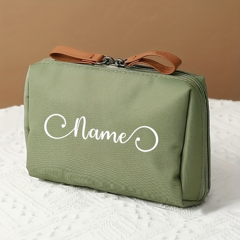 TEMU Customized Name Green Nylon Toiletry Travel Bag, Toiletries Storage Bag, Women's Clutch, Lightweight, Double Pull Design Lipstick Bag, Cosmetic
