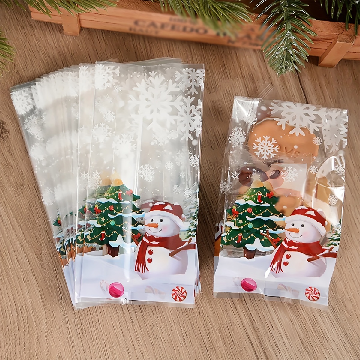 

Self-sealing Cellophane Gift Bags - Set Of 50 Plastic Candy Cookie Packaging Pouches For Desserts, Biscuits, - Snowman And Christmas